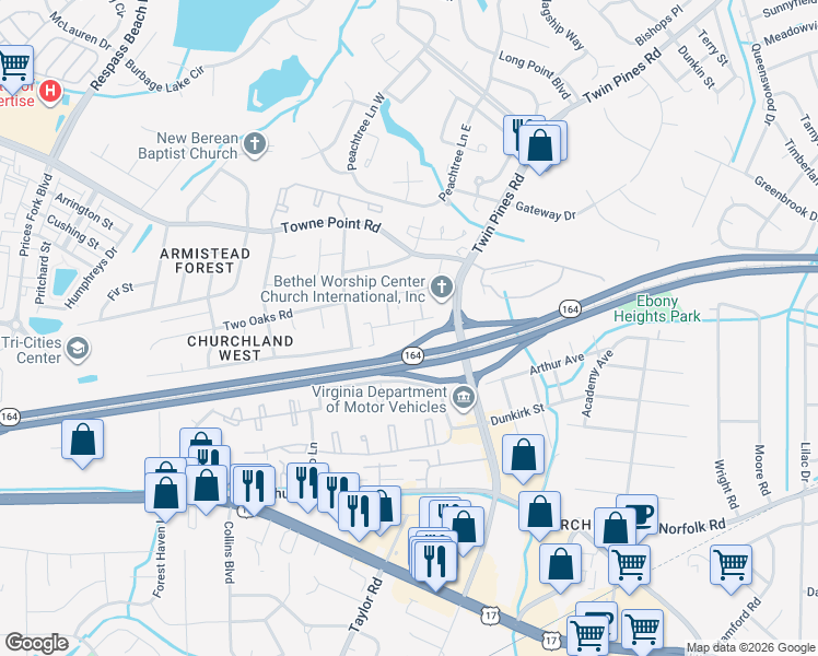 map of restaurants, bars, coffee shops, grocery stores, and more near 187 Pepperwood Place in Portsmouth