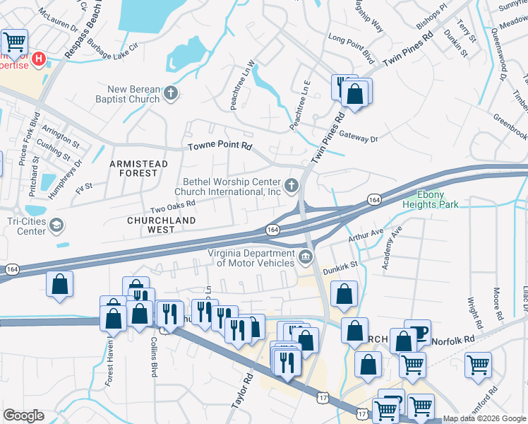 map of restaurants, bars, coffee shops, grocery stores, and more near 187 Pepperwood Place in Portsmouth