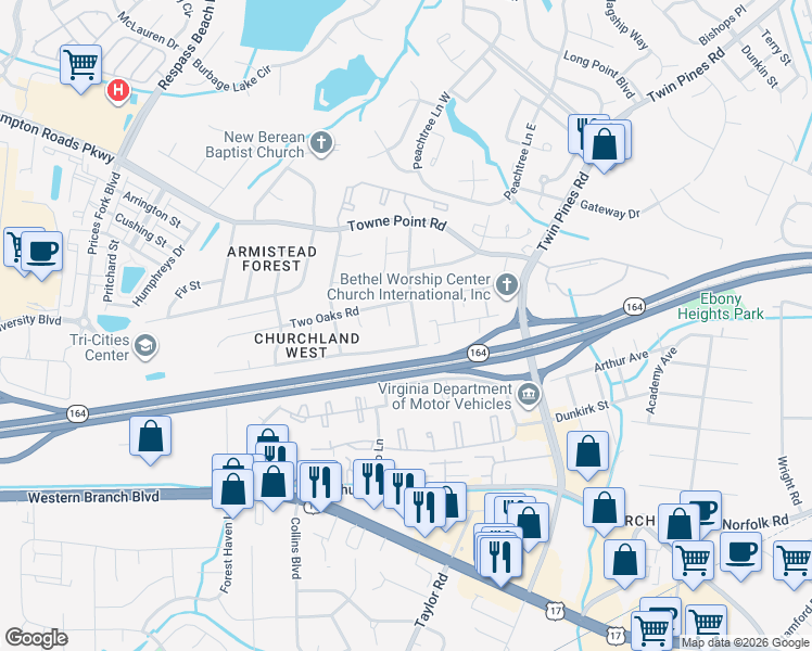 map of restaurants, bars, coffee shops, grocery stores, and more near 3725 Pinebark Road in Portsmouth