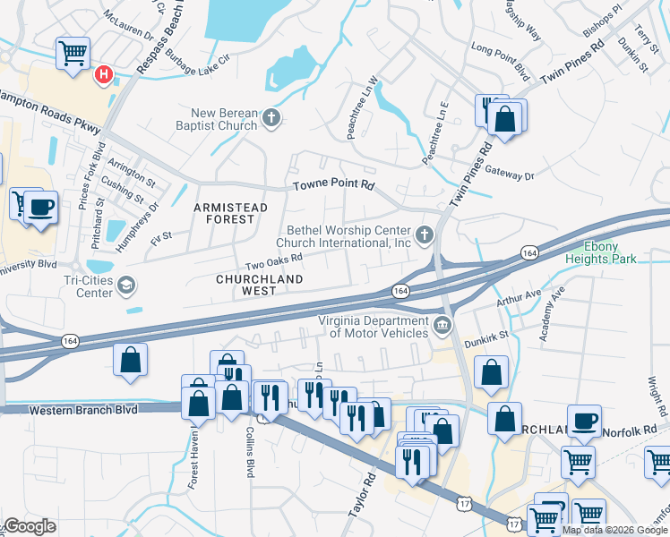 map of restaurants, bars, coffee shops, grocery stores, and more near 3816 Two Oaks Road in Portsmouth