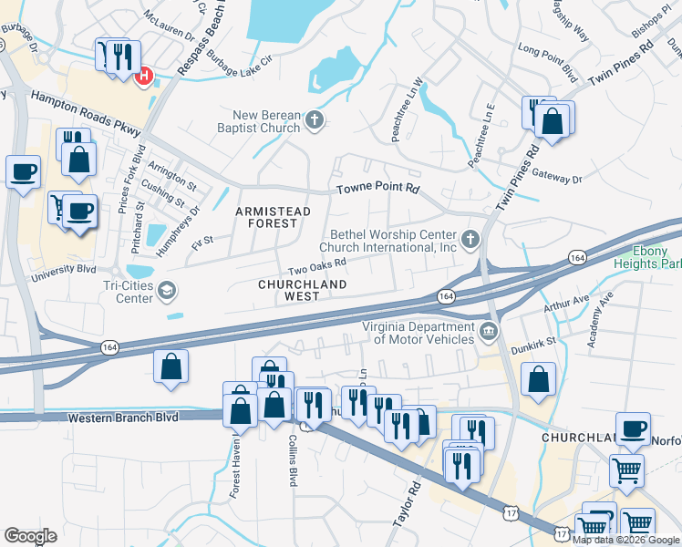 map of restaurants, bars, coffee shops, grocery stores, and more near 3840 Two Oaks Road in Portsmouth