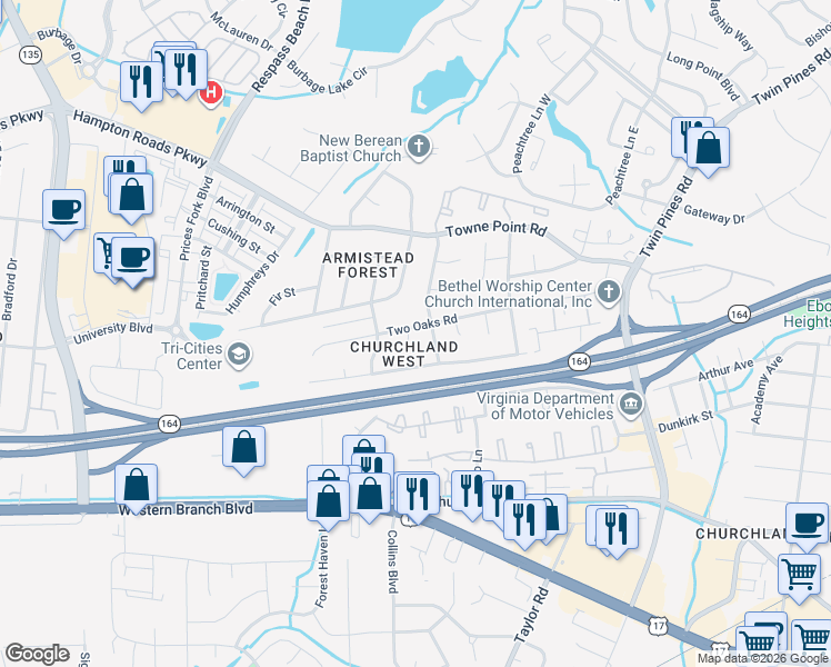 map of restaurants, bars, coffee shops, grocery stores, and more near 3815 Magnolia Drive in Portsmouth