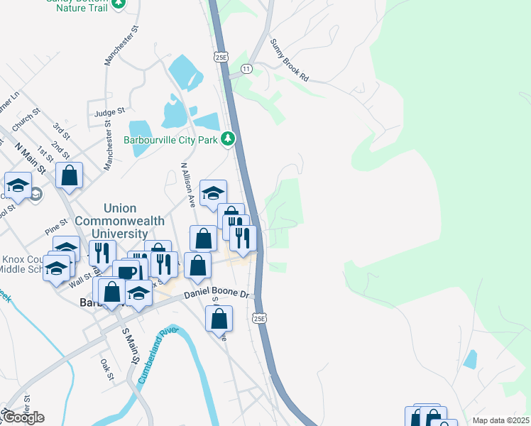 map of restaurants, bars, coffee shops, grocery stores, and more near 71 Spring Avenue in Barbourville