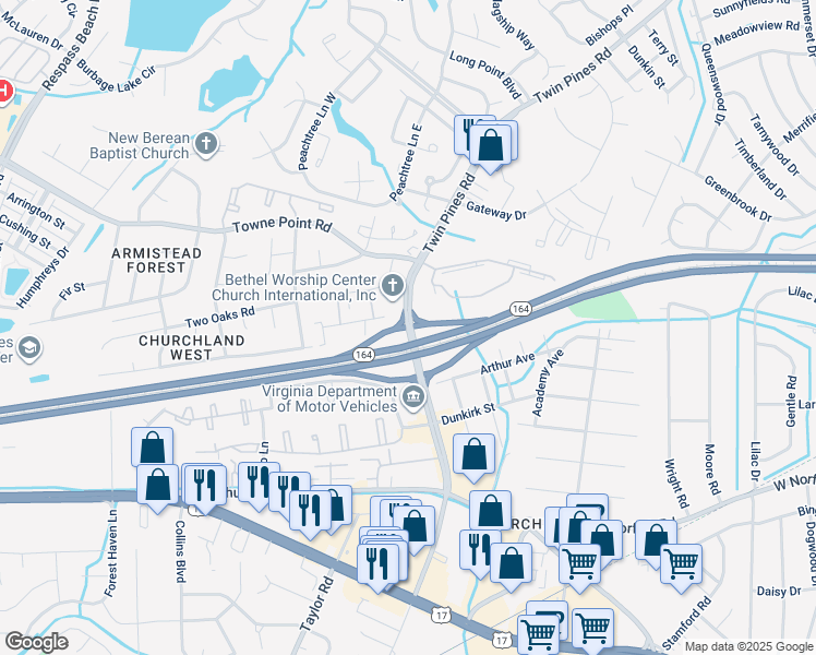 map of restaurants, bars, coffee shops, grocery stores, and more near Towne Point Road in Portsmouth