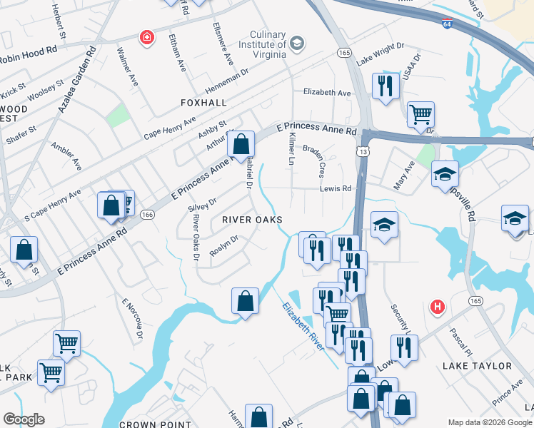 map of restaurants, bars, coffee shops, grocery stores, and more near 5407 Lewis Road in Norfolk