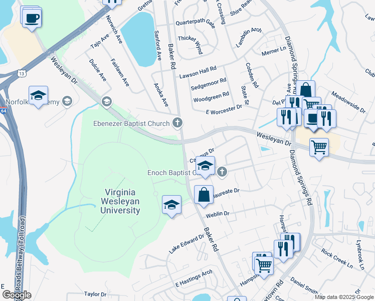 map of restaurants, bars, coffee shops, grocery stores, and more near 939 Monarch Drive in Virginia Beach