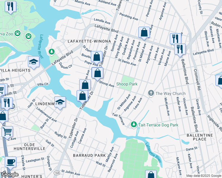 map of restaurants, bars, coffee shops, grocery stores, and more near 2808 Dunkirk Avenue in Norfolk