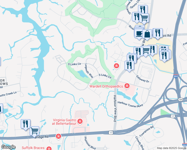 map of restaurants, bars, coffee shops, grocery stores, and more near 2022 Augusta Court in Suffolk