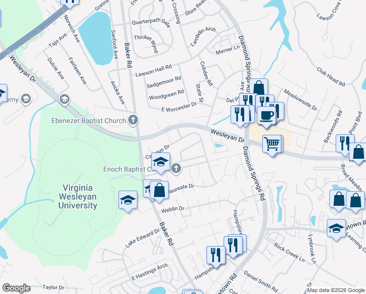 map of restaurants, bars, coffee shops, grocery stores, and more near 5585 Campus Drive in Virginia Beach