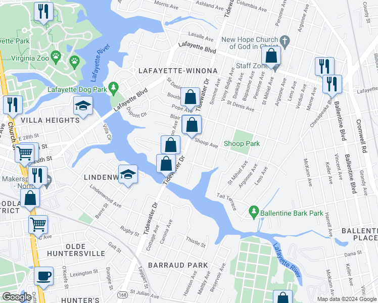 map of restaurants, bars, coffee shops, grocery stores, and more near 2716 Tidewater Drive in Norfolk