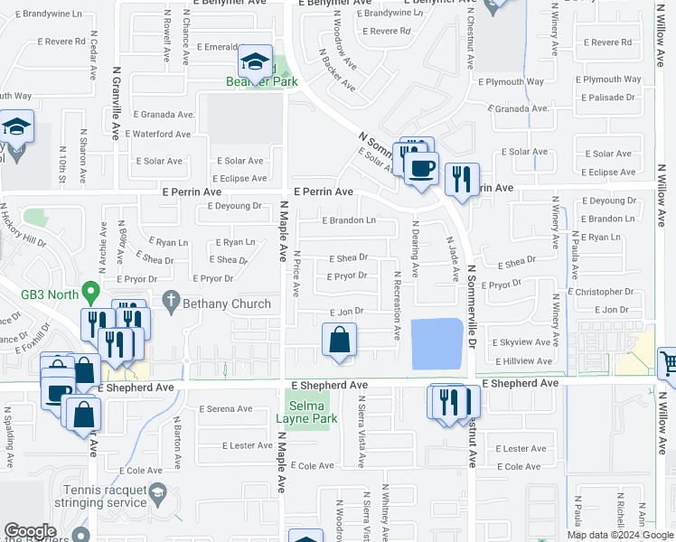 map of restaurants, bars, coffee shops, grocery stores, and more near 2138 East Pryor Drive in Fresno