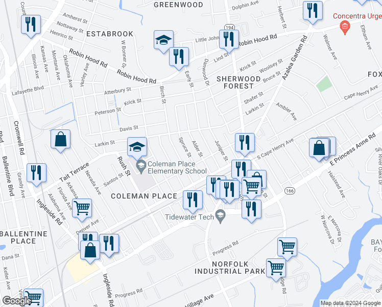 map of restaurants, bars, coffee shops, grocery stores, and more near 2420 Spruce Street in Norfolk