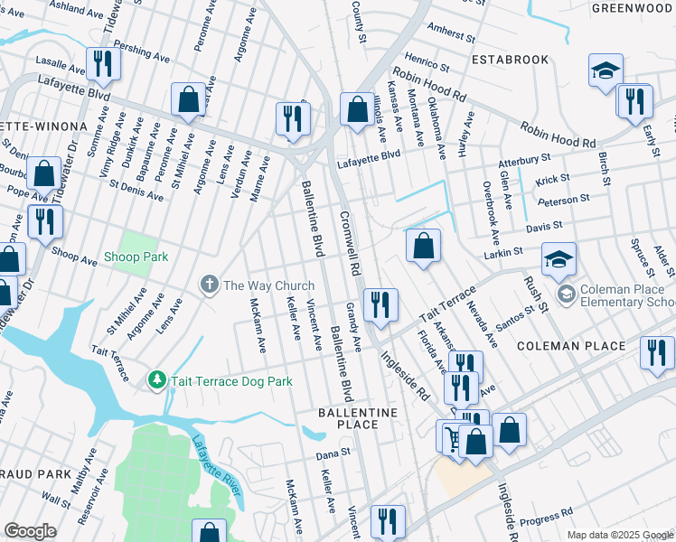 map of restaurants, bars, coffee shops, grocery stores, and more near 2733 Grandy Avenue in Norfolk