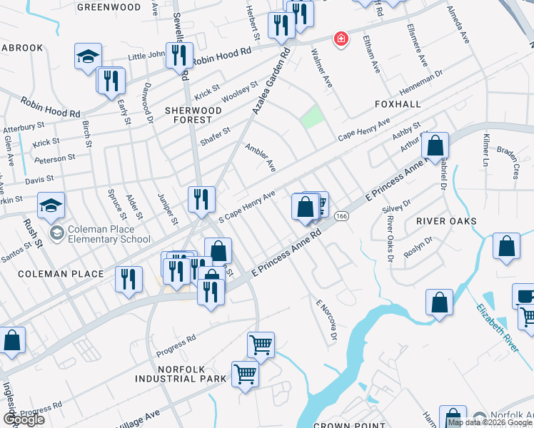 map of restaurants, bars, coffee shops, grocery stores, and more near 4911 South Cape Henry Avenue in Norfolk