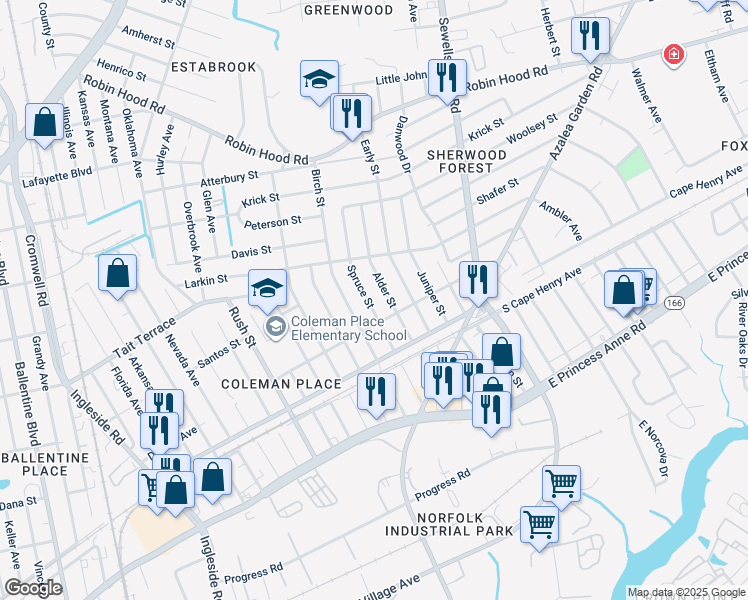 map of restaurants, bars, coffee shops, grocery stores, and more near 2420 Spruce Street in Norfolk