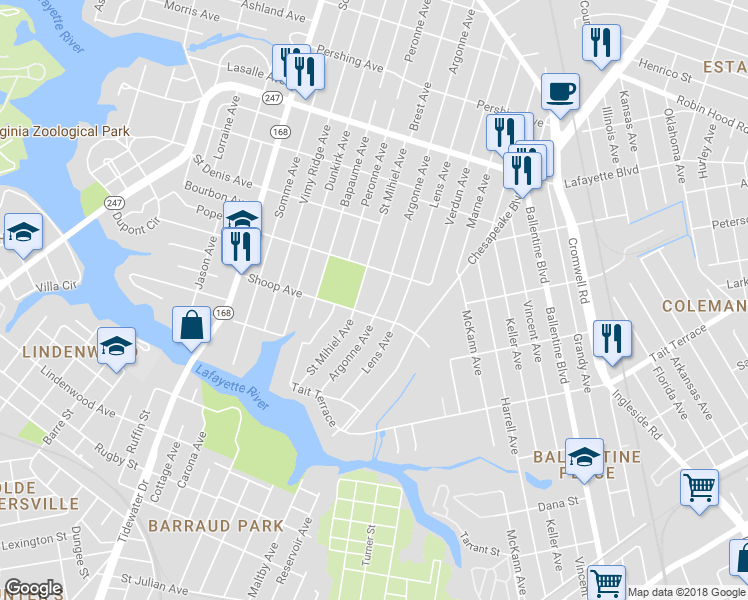 map of restaurants, bars, coffee shops, grocery stores, and more near 2815 Argonne Avenue in Norfolk