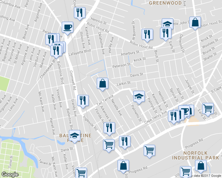 map of restaurants, bars, coffee shops, grocery stores, and more near 2613 Minnesota Avenue in Norfolk