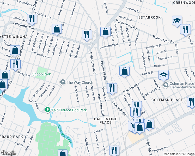 map of restaurants, bars, coffee shops, grocery stores, and more near in Norfolk