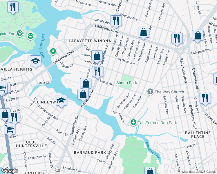map of restaurants, bars, coffee shops, grocery stores, and more near 2740 Somme Avenue in Norfolk