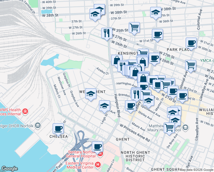 map of restaurants, bars, coffee shops, grocery stores, and more near 1011 Woodrow Avenue in Norfolk