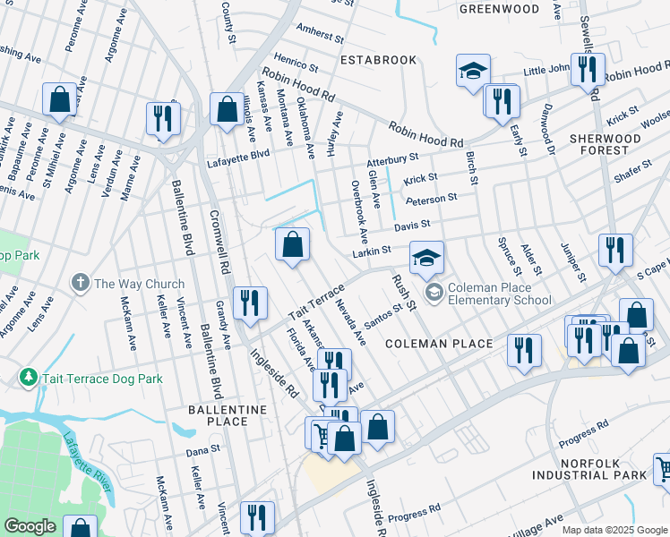 map of restaurants, bars, coffee shops, grocery stores, and more near 2613 Minnesota Avenue in Norfolk