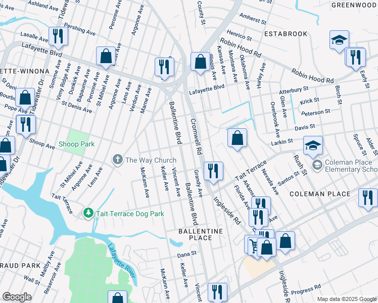 map of restaurants, bars, coffee shops, grocery stores, and more near 2733 Grandy Avenue in Norfolk