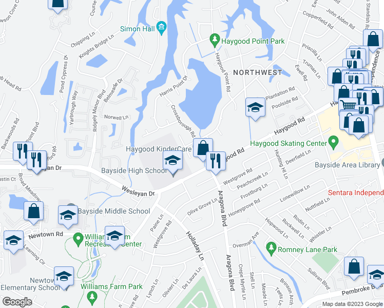 map of restaurants, bars, coffee shops, grocery stores, and more near 4608 Chippendale Court in Virginia Beach