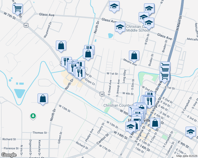 map of restaurants, bars, coffee shops, grocery stores, and more near 110 1/2 South McPherson Street in Hopkinsville