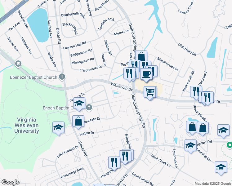 map of restaurants, bars, coffee shops, grocery stores, and more near Frog Pond Lane in Virginia Beach