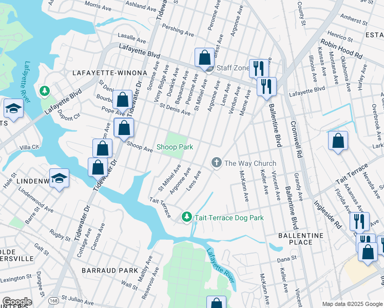 map of restaurants, bars, coffee shops, grocery stores, and more near 2815 Argonne Avenue in Norfolk