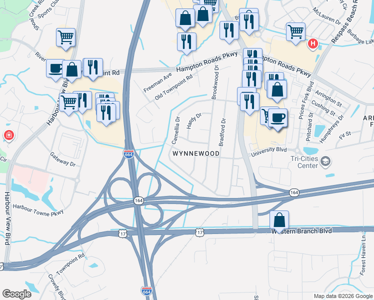 map of restaurants, bars, coffee shops, grocery stores, and more near 4615 Maplewood Drive in Suffolk