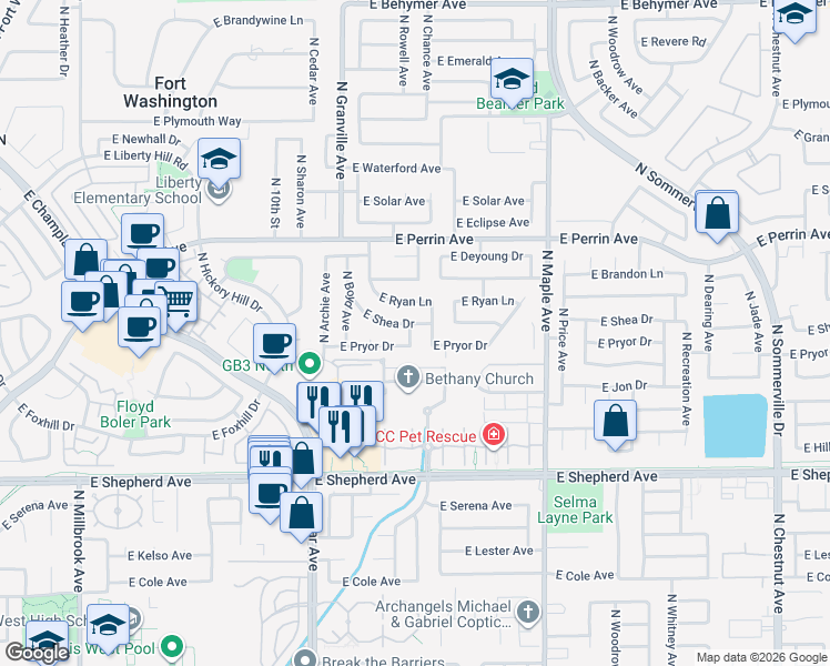 map of restaurants, bars, coffee shops, grocery stores, and more near 9286 North Chance Avenue in Fresno