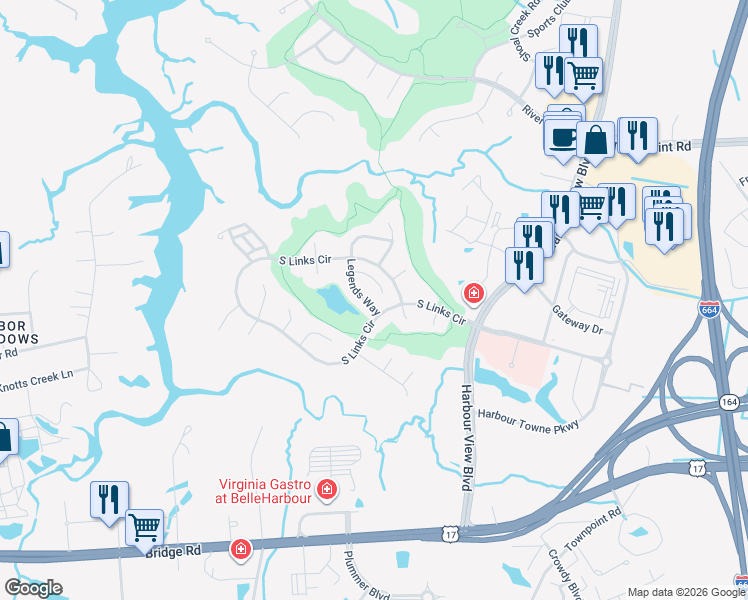 map of restaurants, bars, coffee shops, grocery stores, and more near 2018 Augusta Court in Suffolk