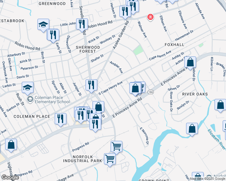 map of restaurants, bars, coffee shops, grocery stores, and more near 1563 Norcova Avenue in Norfolk