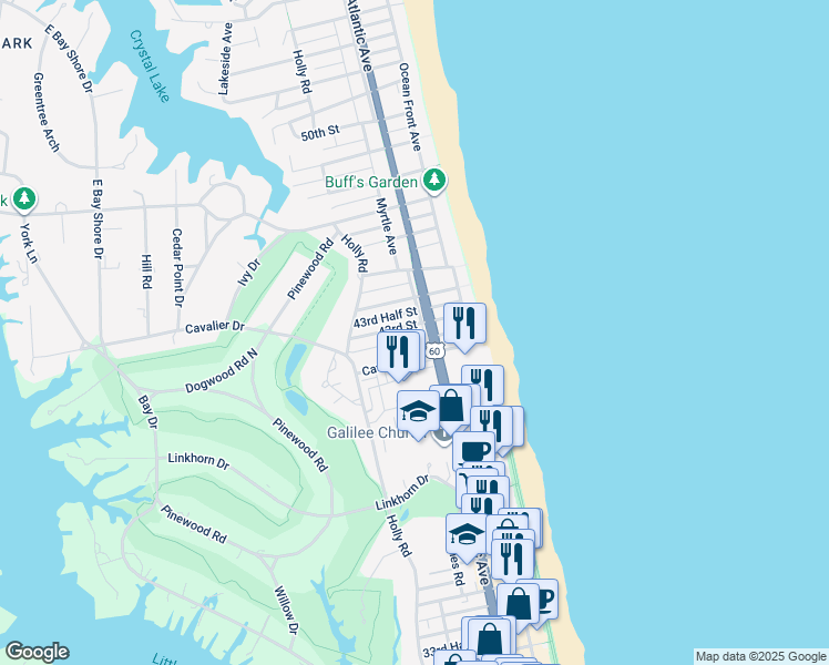 map of restaurants, bars, coffee shops, grocery stores, and more near 202 43rd Street in Virginia Beach