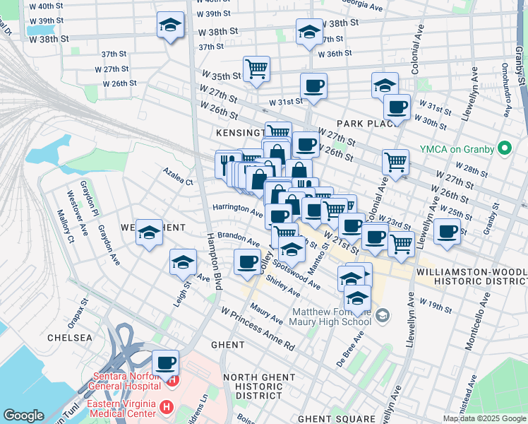 map of restaurants, bars, coffee shops, grocery stores, and more near 828 Harrington Avenue in Norfolk