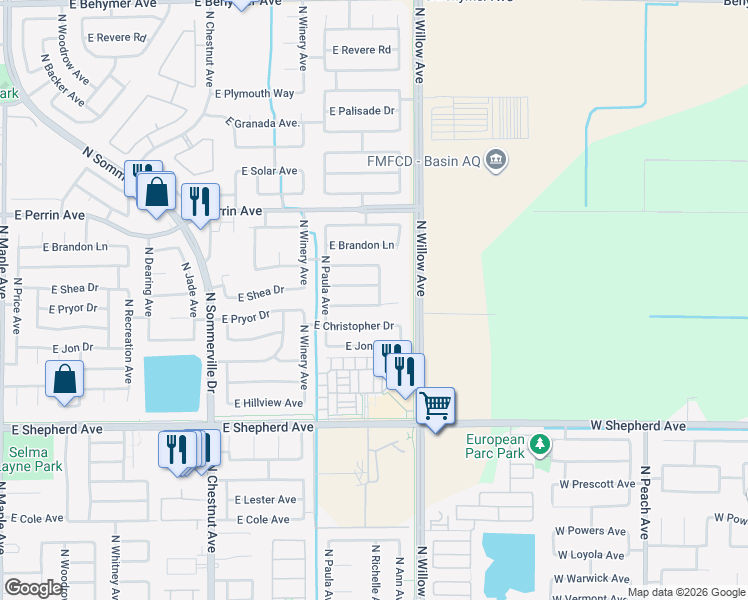 map of restaurants, bars, coffee shops, grocery stores, and more near 2896 East Shea Drive in Fresno