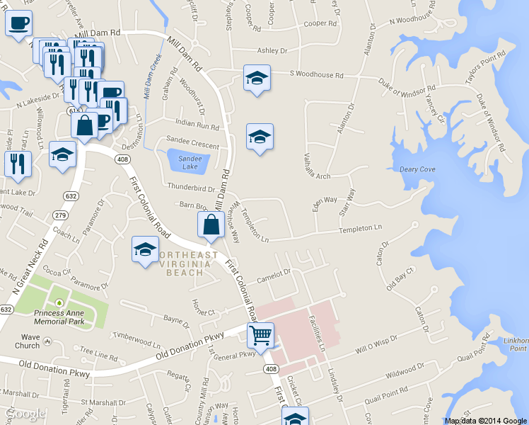 map of restaurants, bars, coffee shops, grocery stores, and more near 1804 Templeton Court in Virginia Beach