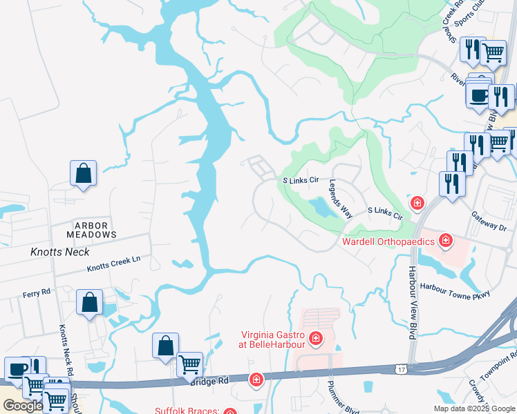 map of restaurants, bars, coffee shops, grocery stores, and more near 5056 South Links Circle in Suffolk