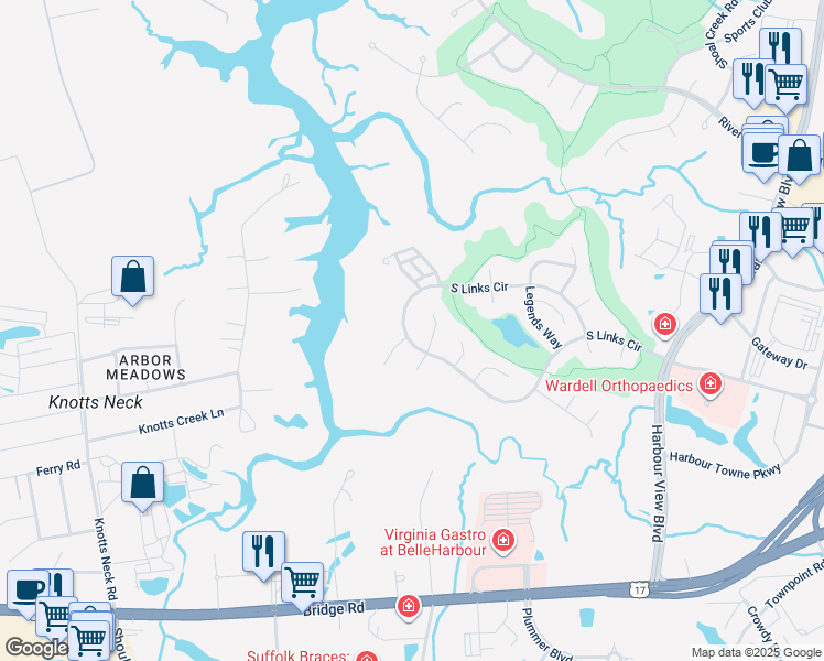 map of restaurants, bars, coffee shops, grocery stores, and more near 5056 South Links Circle in Suffolk