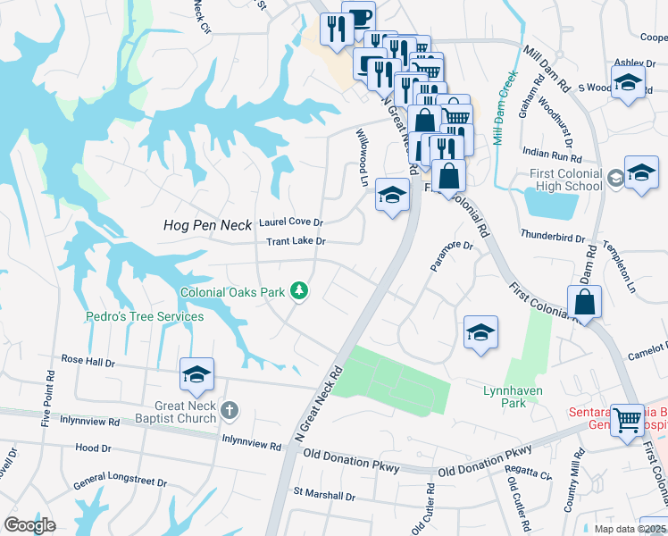 map of restaurants, bars, coffee shops, grocery stores, and more near 2244 Tanglewood Trail in Virginia Beach