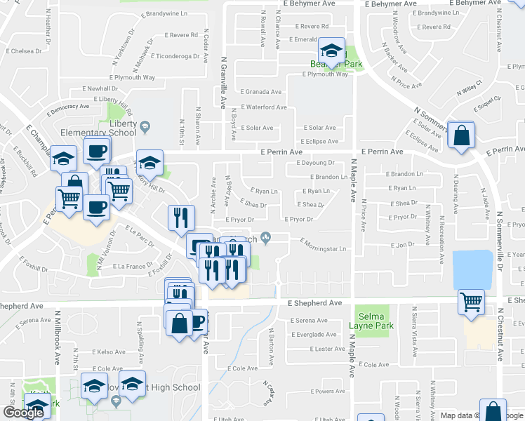 map of restaurants, bars, coffee shops, grocery stores, and more near 1630 East Shea Drive in Fresno