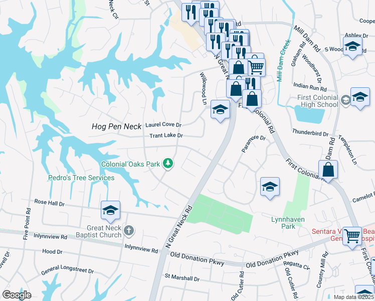 map of restaurants, bars, coffee shops, grocery stores, and more near 2244 Tanglewood Trail in Virginia Beach