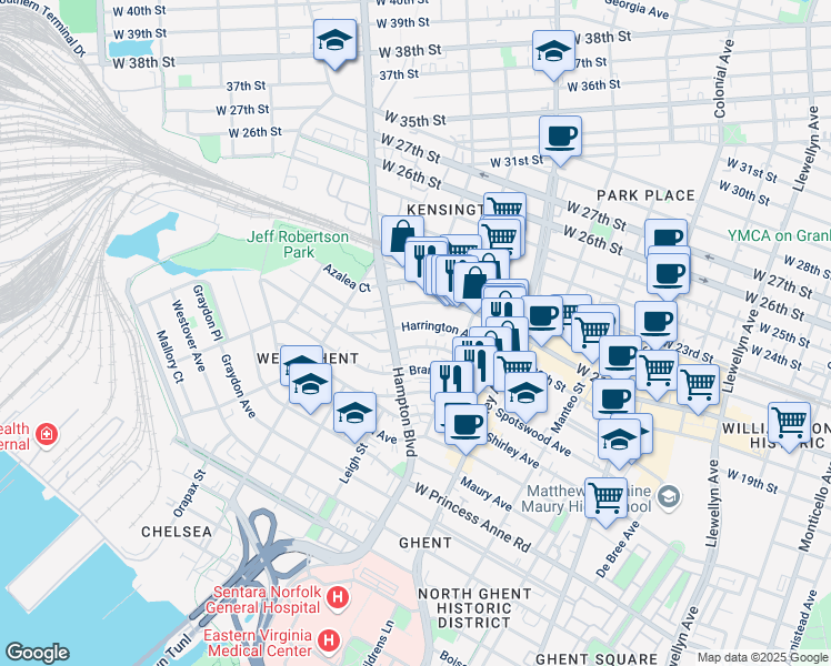 map of restaurants, bars, coffee shops, grocery stores, and more near 948 Harrington Avenue in Norfolk