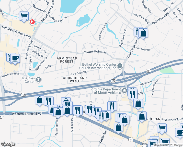 map of restaurants, bars, coffee shops, grocery stores, and more near 3816 Two Oaks Road in Portsmouth