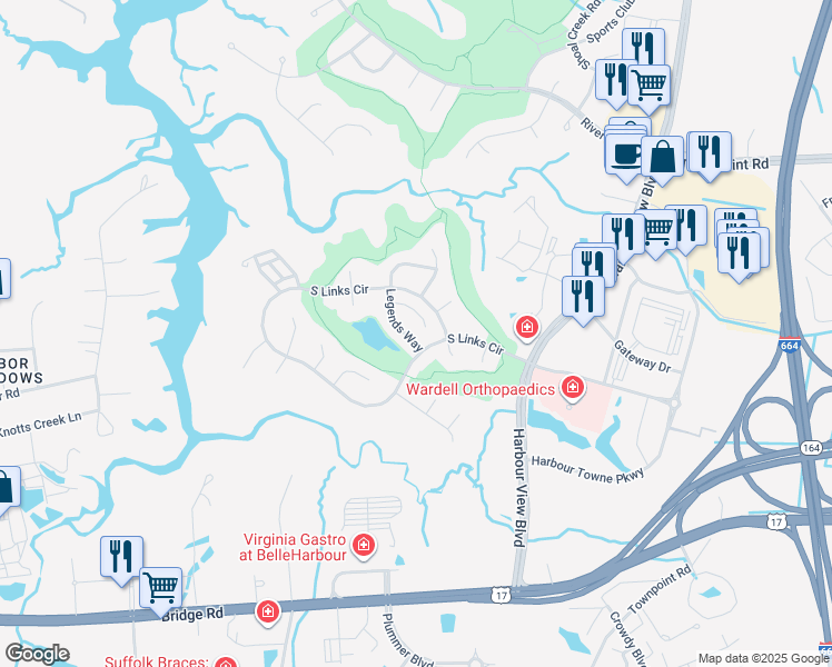 map of restaurants, bars, coffee shops, grocery stores, and more near 2012 Augusta Court in Suffolk