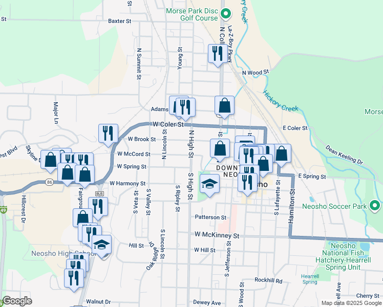 map of restaurants, bars, coffee shops, grocery stores, and more near 335 West Brook Street in Neosho