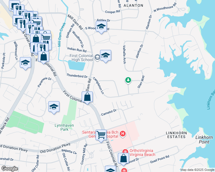 map of restaurants, bars, coffee shops, grocery stores, and more near 1804 Templeton Court in Virginia Beach