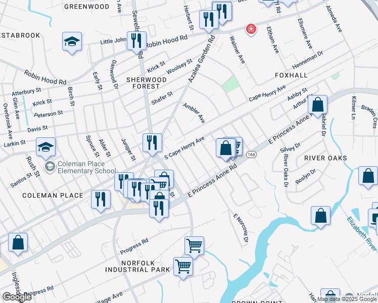 map of restaurants, bars, coffee shops, grocery stores, and more near 1563 Norcova Avenue in Norfolk