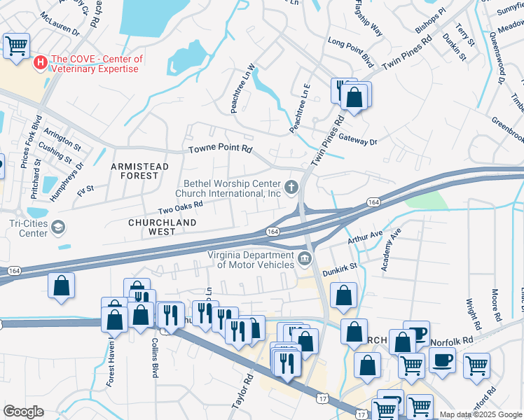 map of restaurants, bars, coffee shops, grocery stores, and more near 187 Pepperwood Place in Portsmouth